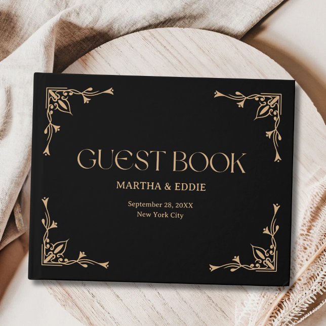 Modern Deco | Elegant Svart och Guld Bröllop Gästböcker (Modern deco black and gold guest book keeps cherished wedding notes with elegant personalization.)