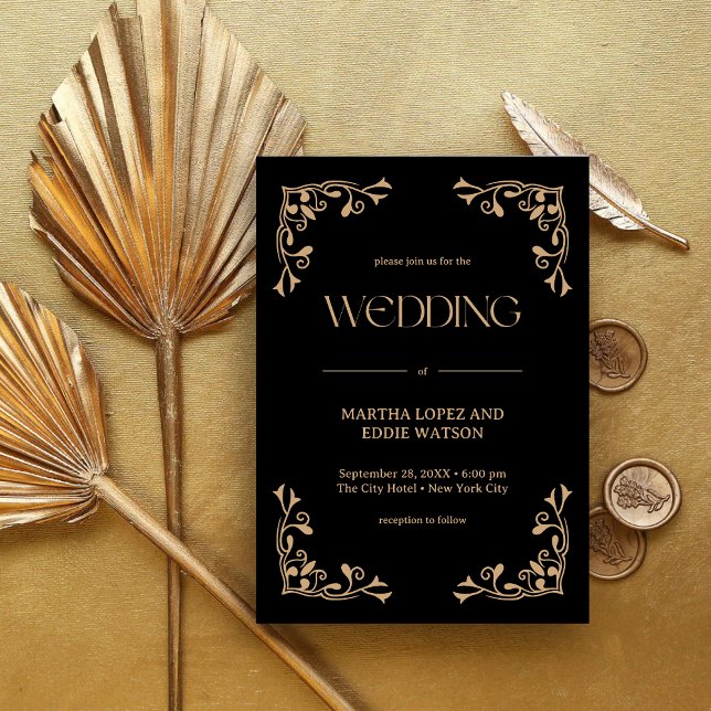 Modern Deco | Elegant Svart och Guld Bröllop Inbjudningar (Elegant black and gold wedding invitation creates a luxe, personalized welcome for your guests)