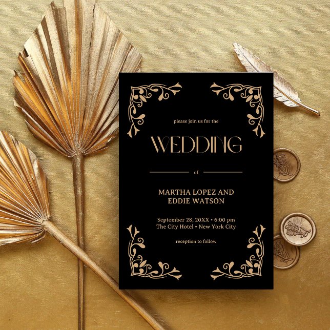 Modern Deco | Elegant Svart och Guld Bröllop Inbjudningar (Elegant black and gold wedding invitation sets a luxe, personalized tone for your special day)