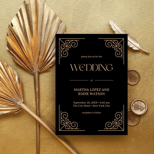 Modern Deco | Elegant Svart och Guld Bröllop Inbjudningar (Elegant black and gold wedding invitation sets a luxe tone with your custom names)