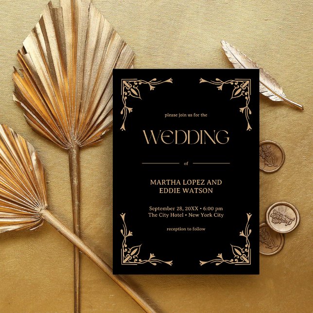 Modern Deco | Elegant Svart och Guld Bröllop Inbjudningar (Elegant black and gold wedding invitation creates a luxe, personalized welcome for your guests)