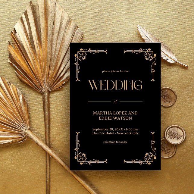 Modern Deco | Elegant Svart och Guld Bröllop Inbjudningar (Elegant black and gold wedding invitation sets a luxe tone with your custom details)