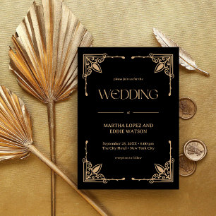 Modern Deco Elegant Svart och Guld Bröllop Inbjudningar