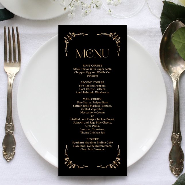 Modern Deco | Elegant Svart och Guld Bröllop Meny (Elegant black and gold wedding menu showcases your meal with sleek personalized elegance)
