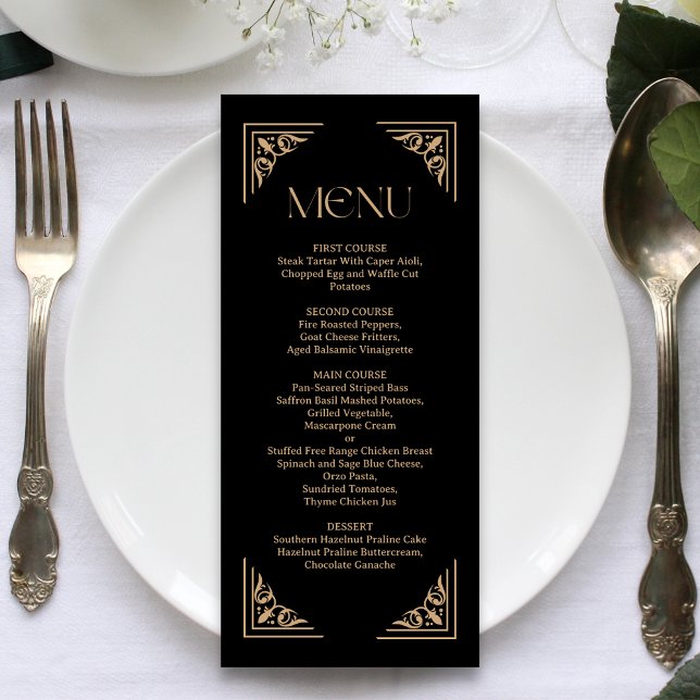 Modern Deco | Elegant Svart och Guld Bröllop Meny (Elegant black and gold wedding menu highlights your dishes with sleek personalized elegance)