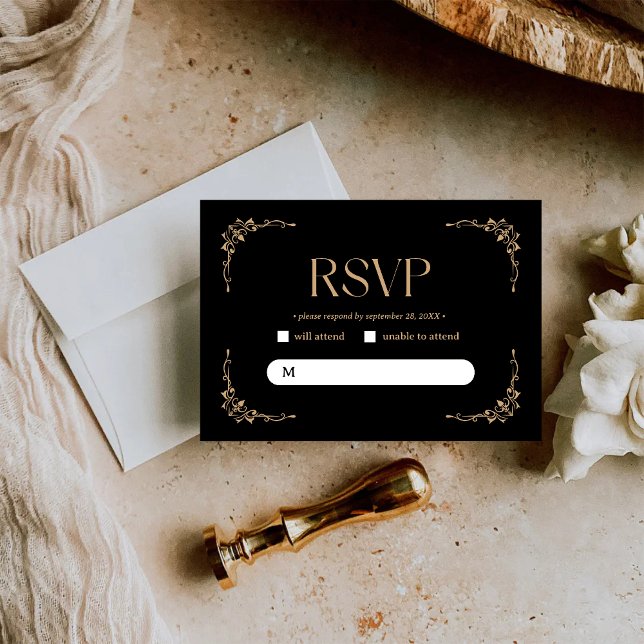 Modern Deco | Elegant Svart och Guld Bröllop OSA Kort (Modern deco black and gold RSVP card organizes guest replies with elegant, personalized style.)