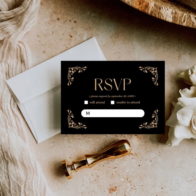 Modern Deco | Elegant Svart och Guld Bröllop OSA Kort (Modern deco black and gold RSVP card ensures smooth guest replies with elegant style.)