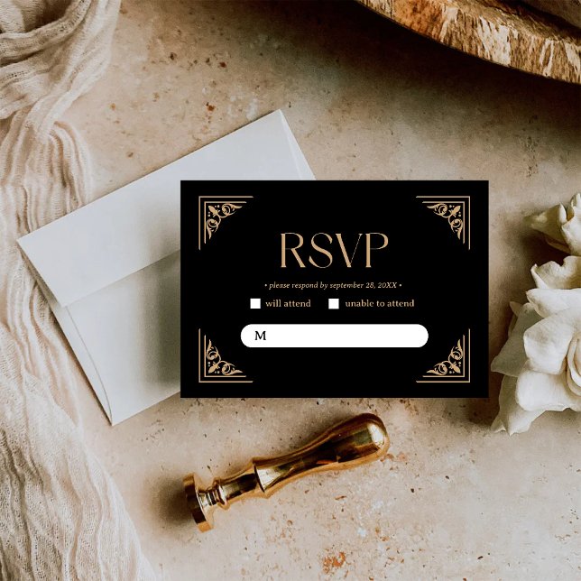 Modern Deco | Elegant Svart och Guld Bröllop OSA Kort (Modern deco black and gold RSVP card collects guest responses with elegant, personalized style.)