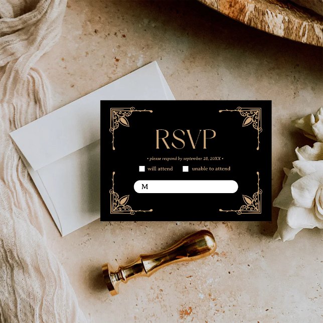 Modern Deco | Elegant Svart och Guld Bröllop OSA Kort (Modern deco black and gold RSVP card adds elegant style to collect your wedding responses.)