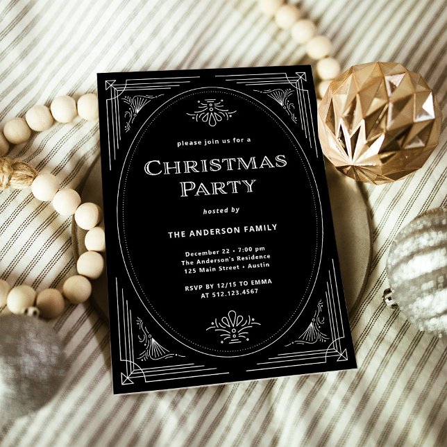 Modern Deco | Elegant Svarta julen Party Inbjudningar (An elegant, black art deco style Christmas party invitation)