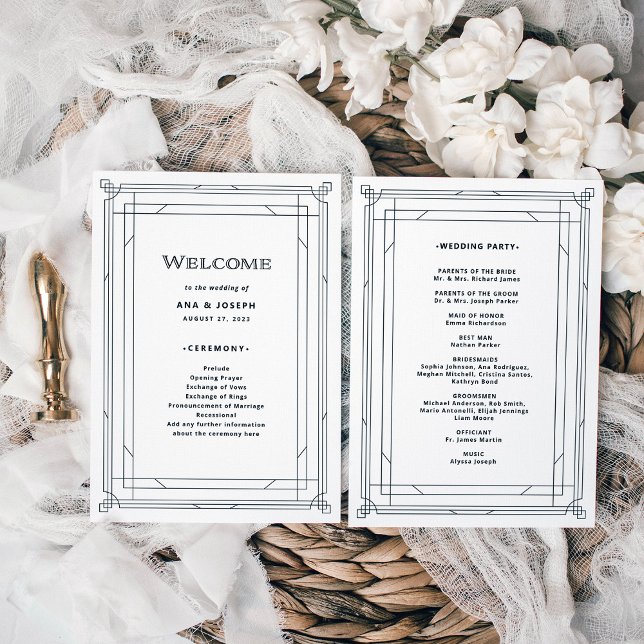 Modern Deco | Elegant Svarta och vita Bröllop Program (A vintage art deco style wedding program in black and white)