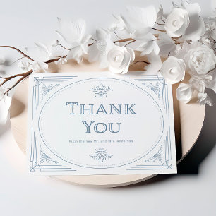 Modern Deco Elegant White och Dusty Blue Bröllop Tack Kort