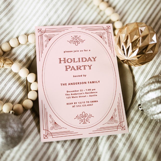 Modern Deco | Elegantens Rosa och Röda Julfesten Inbjudningar (An elegant, blush pink and red art deco style holiday invitation)