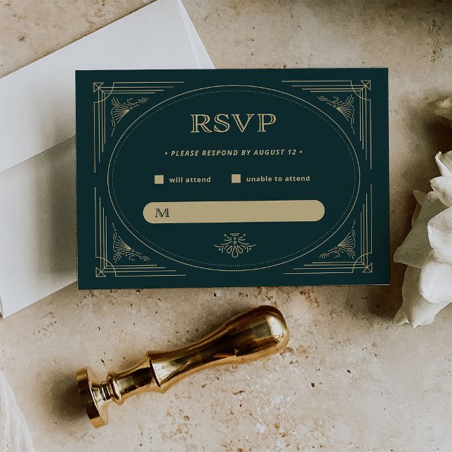 Modern Deco | Emerald Grönt och Champagne Bröllop OSA Kort (A vintage art deco style wedding rsvp, in rich emerald green and champagne colored accents)