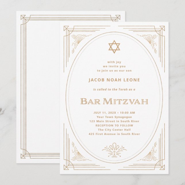 Modern Deco | Faux Guld och White Pub Mitzvah Inbjudningar (Fram/baksida)