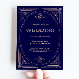 Modern Deco | Faux Ro Guld och Navy Blue Bröllop Inbjudningar