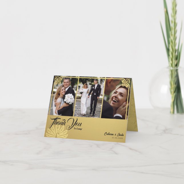 Modern Deco Guld Peacock 3-foto-Bröllop-mapp Tack Kort (Framsida)