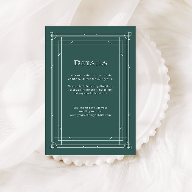 Modern Deco | Information om gästen Bröllop i Helg Tilläggskort (An elegant, green art deco style guest details card for your holiday wedding)