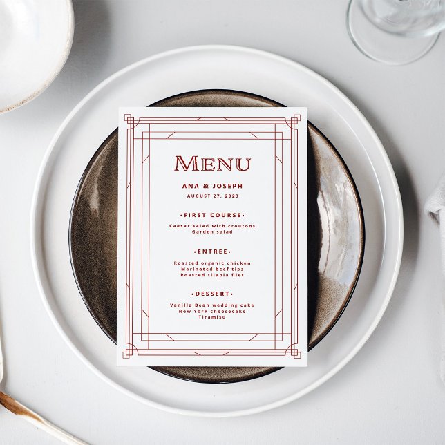 Modern Deco | Light Silver White med Red Bröllop Meny (A festive, light silver white menu with red accents for your elegant holiday wedding)