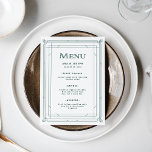 Modern Deco | Light Silver White och Grönt Bröllop Meny<br><div class="desc">Dessa glamorösa menyer i bröllop har en modern centrifugering på klassisk konst deco. Ett ornat,  proaktivt grönt,  geometriskt ram och dekoration dekorerar en elegant med mycket lätt silver/vit bakgrund för ett dramatiskt,  glamoröst och vintage 1920:s bröllop som ser ut som perfekt för din jul-helgdag.</div>