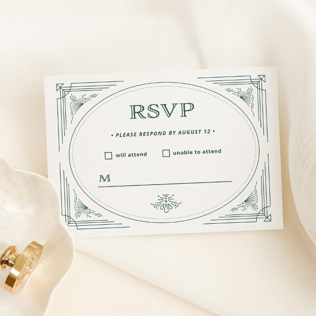 Modern Deco | Light Silver White och Grönt Bröllop OSA Kort (An elegant, very light silver/white rsvp card with green accents for your holiday wedding)