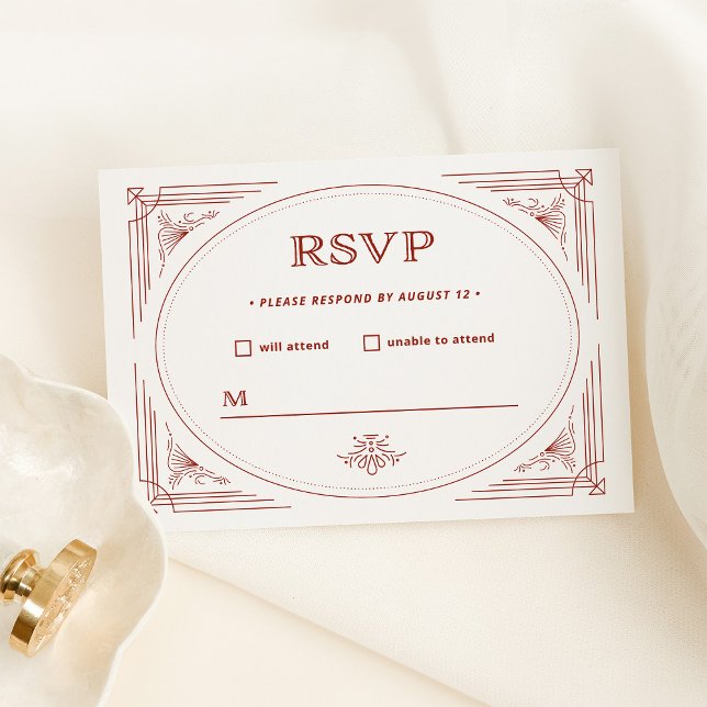 Modern Deco | Ljus Silvervit med Röd Bröllopsfest OSA Kort (An elegant very light silver / white rsvp card with festive red accents for a Christmas wedding)