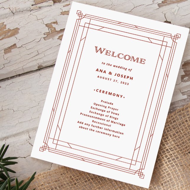 Modern Deco | Ljust Silver White och Red Bröllop Program (A festive wedding welcome program for your holiday wedding)