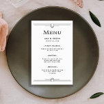 Modern Deco | Menu för Svarta och vita Bröllop Flygblad<br><div class="desc">Den här glamorösa bröllop-menyn har en modern centrifugering på klassisk konsthandling. Ornat,  svart geometriskt gräns och dekoration dekorerar en elegant vit bakgrund för ett dramatiskt,  vintage 1920-menyutseende.</div>