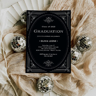 Modern Deco Onyx Black and White Studenten Inbjudningar