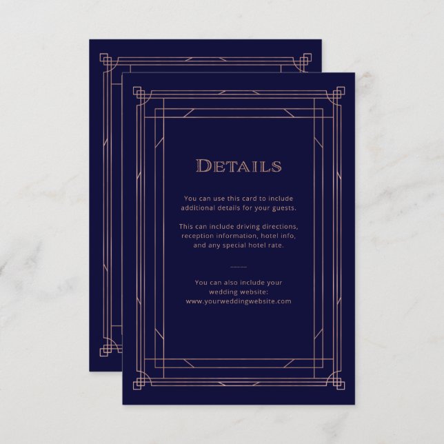 Modern Deco Ro Guld | Uppgifter om marinens Bröllo Tilläggskort (Fram/baksida)