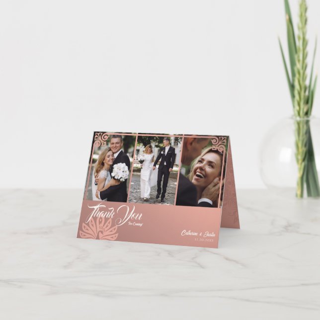 Modern Deco Rosa Peacock 3 Photo Bröllop Folkad Tack Kort (Framsida)