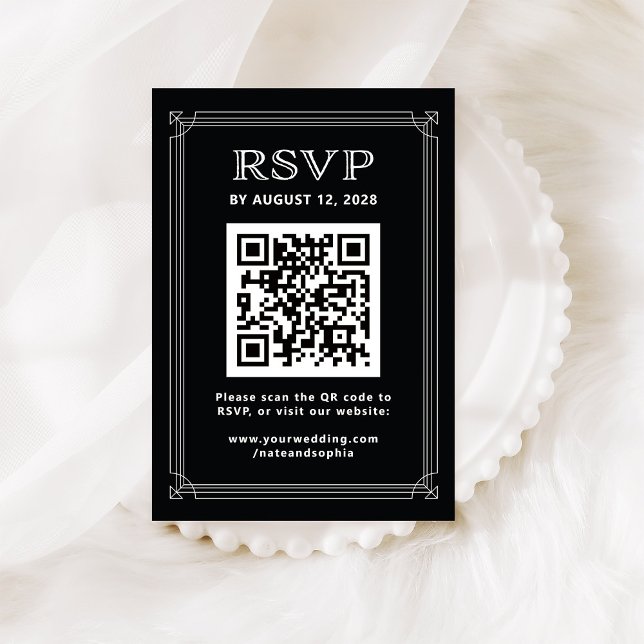 Modern Deco RSVP med QR-kod | Onyxsvart Tilläggskort (Skapare uppladdad)