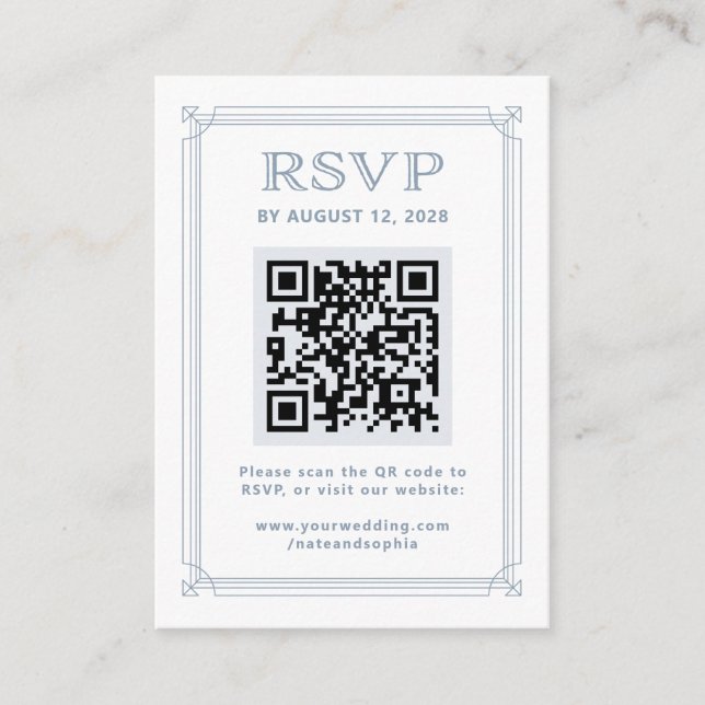 Modern Deco RSVP med QR-kod | Vit och blå Tilläggskort (Framsida)