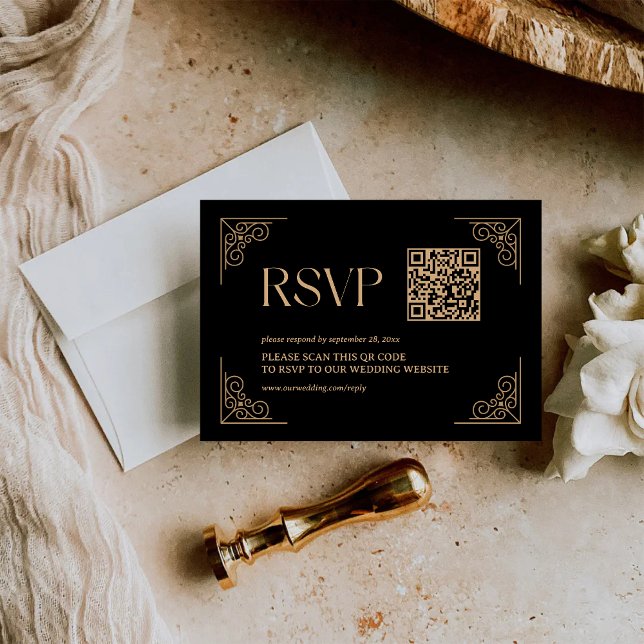 Modern Deco | Svart och Guld Bröllops QR-kod OSA Kort (Modern deco black and gold QR code RSVP card makes RSVPs instant with sleek elegant style)