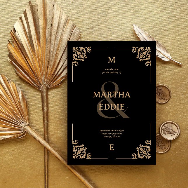Modern Deco | Svart och Guld Foto Bakgrund Bröllop Spara Datumet (Modern deco black and gold save the date with photo back shares your wedding day with elegant charm.)