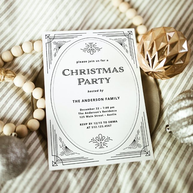 Modern Deco | Svartvit jul Party Inbjudningar (An elegant, black and white art deco style Christmas party invitation)