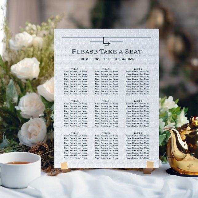 Modern Deco | Svartvitt sittdiagram Poster (An elegant, black and white art deco style wedding seating chart)