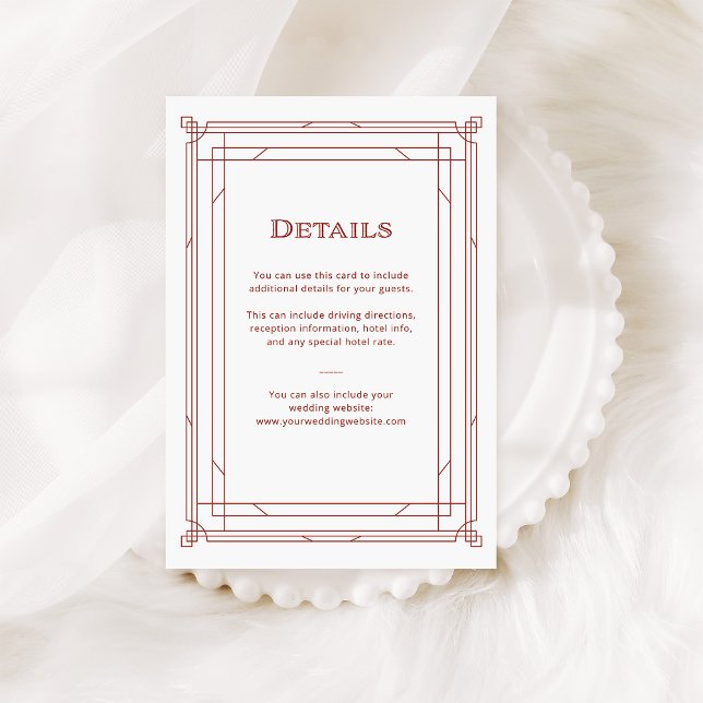 Modern Deco | Uppgifter om Guest i Röda och Silver Tilläggskort (An elegant, red and white art deco style guest details card for your holiday wedding)