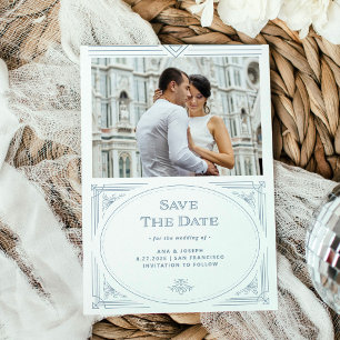 Modern Deco Vitt och Dusty Blue med Photo Spara Datumet