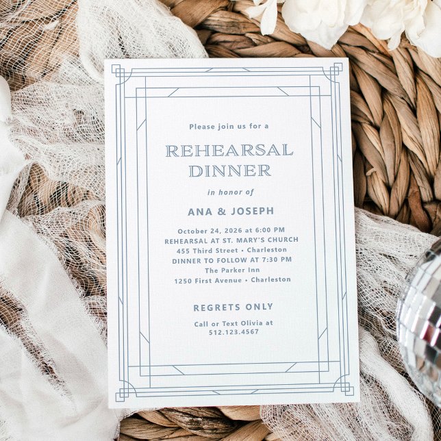 Modern Deco White och Dusty Blue Rehearsal Middag Inbjudningar (Skapare uppladdad)