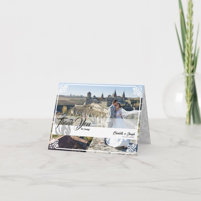 Modern Deco White Svan Photo Bröllop-mappad Tack Kort (Framsida)