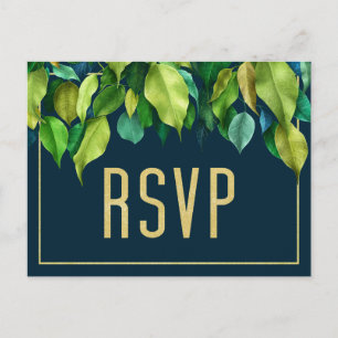 Modern Deep Blue Elegant Foliage Bröllop OSA Vykort
