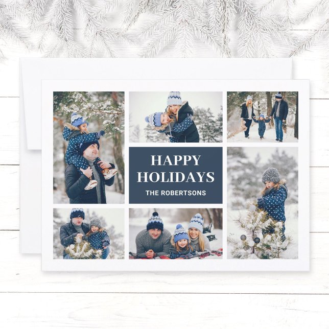 Modern Deep Blue-familj 8 Photo- Julkort (Modern, elegant family in winter photo collage Christmas greeting card in navy blue, Happy Holidays.)