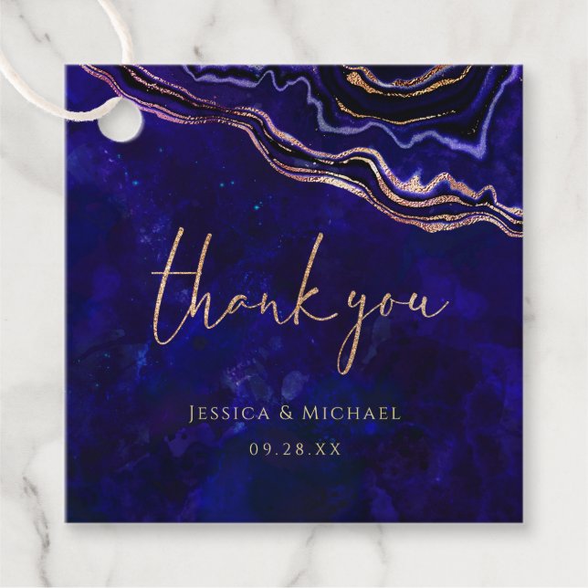 Modern Deep Blue Geode Calligraphy Bröllop Gåvor Etiketter (Framsida)