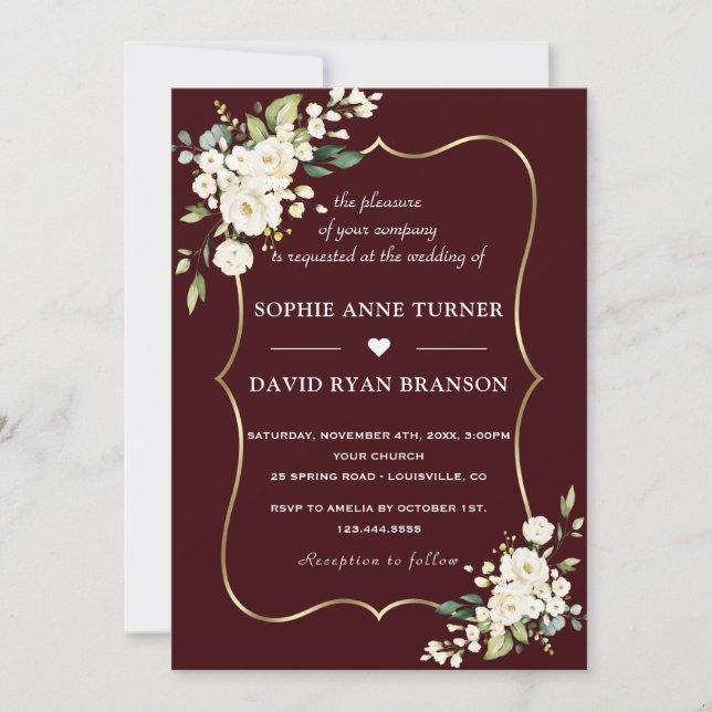 Modern Deep Burgundy White Ivory Flowers Wedding Inbjudningar (Framsida)