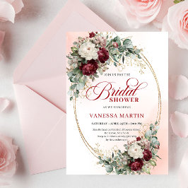 Modern Deep Red Floral Gold Bridal Shower Invite Inbjudningar
