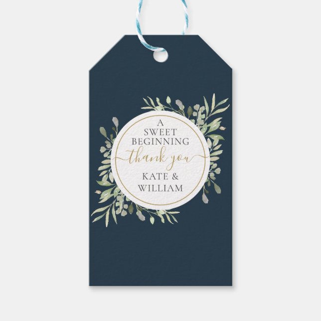 Modern Deep Sea Blue Greenery Winter Wedding Favor Presentetikett (Framsidan)