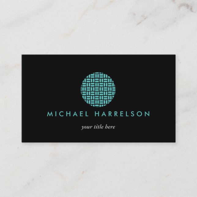 Modern dekorativ Logotyp i Teal on Black Visitkort (Framsida)
