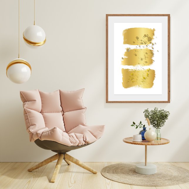 Modern dekormug-Abstrakt konst Guld-penseldrag Poster (Modern Minimalist Gold And White Paint Brush Stroke Abstract Wall Art Poster Print)