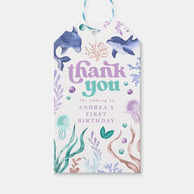 Modern delfin under Havets Tack födelsedag Presentetikett (Framsidan)